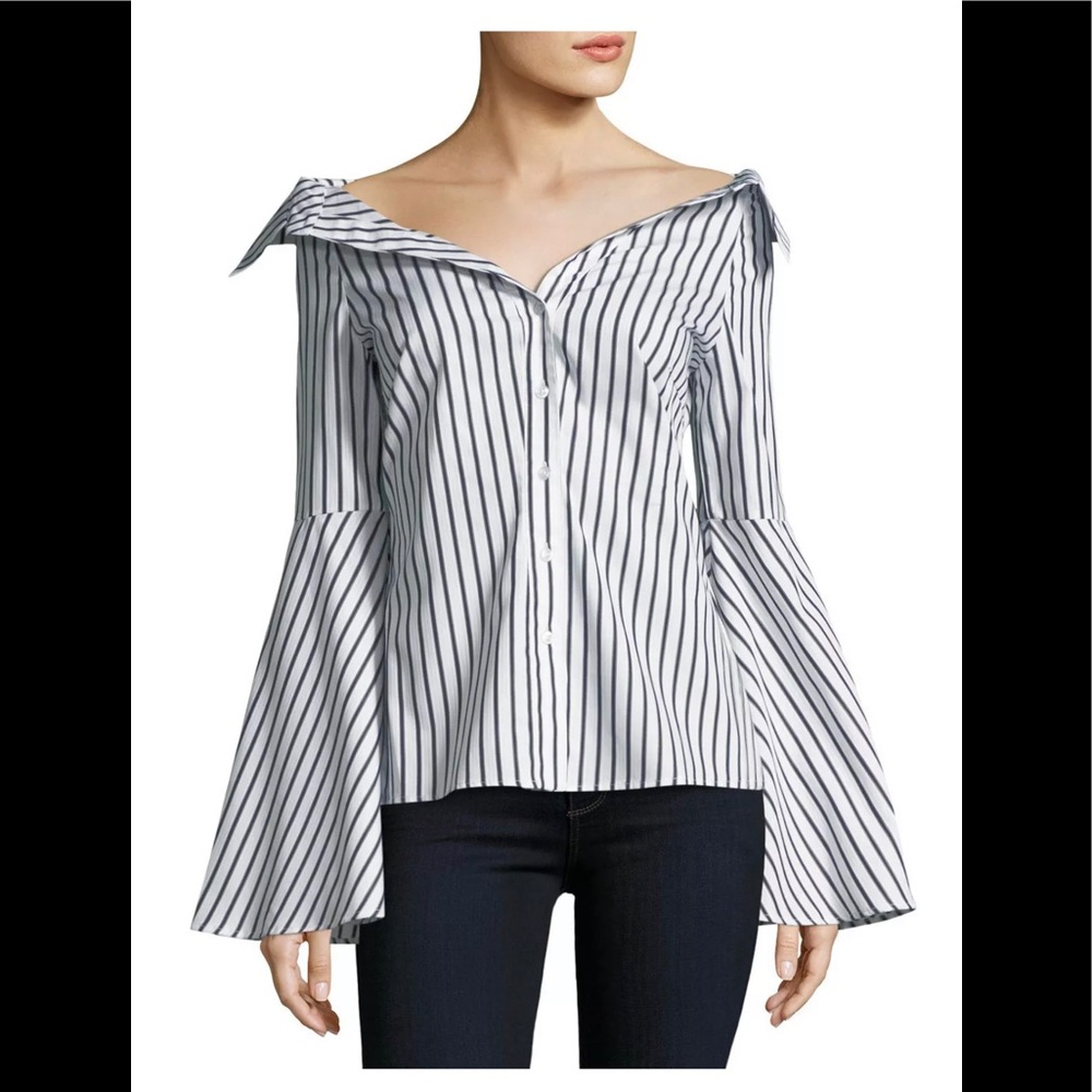 Caroline Constas White and Black Striped Off-Shoulder Button Shirt